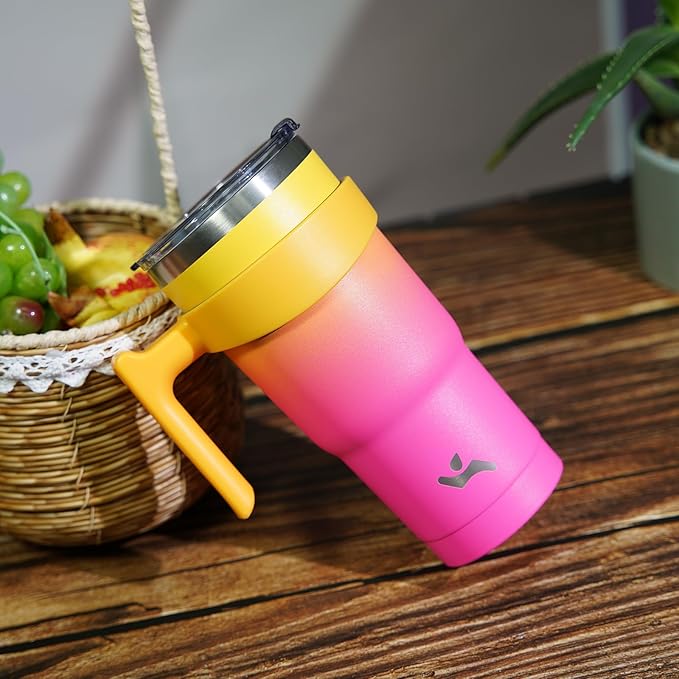 30 oz Tumbler with Handle and 2 Straw 2 Lid, Insulated Water Bottle Stainless Steel Vacuum Cup Reusable Travel Mug,Rainbow
