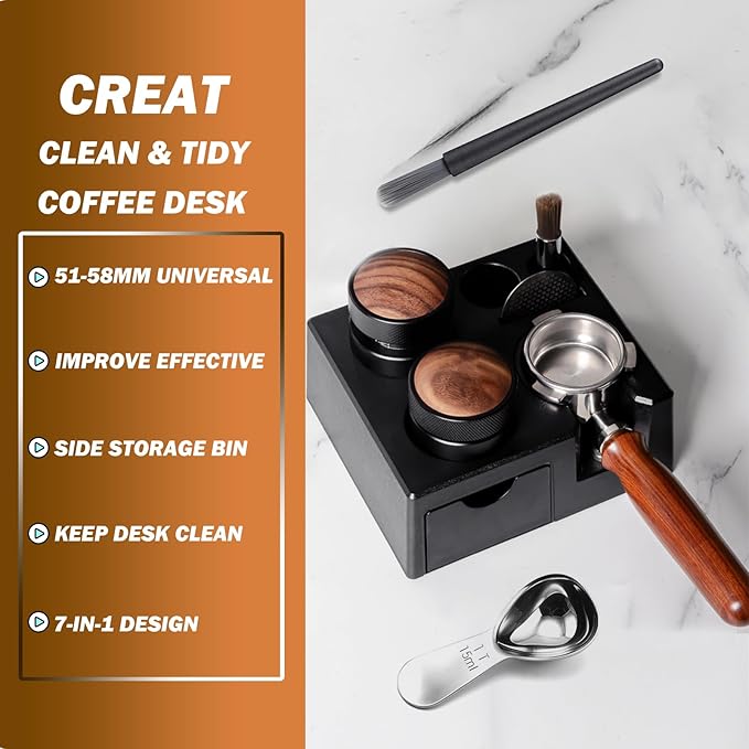 Espresso tamping station,7in1 Espresso Organizer Box Fit for 51,54,58MM Espresso Tamper,Distributor,Portafilter & Puck Screen Accessories,Espresso Station Base,Bring a coffee scoop and coffee brush