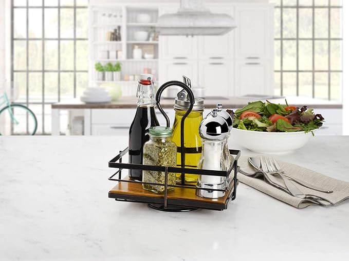 Gourmet Basics by Mikasa Nova Acacia Wood Rotating Condiment Caddy, 8.75 Inch, Black,5270309 (Pack of 4)