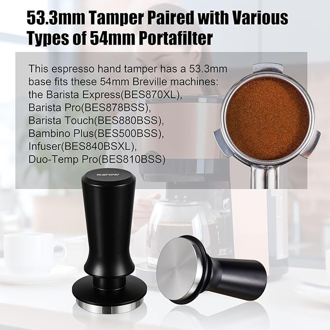 53.3mm Espresso Hand Tamper, MATOW Calibrated Spring Loaded Coffee Tamper with Stainless Steel Flat Base, 30lbs Espresso Tamper with Anodized Aluminum Handle Compatible with Breville 54mm Portafilter