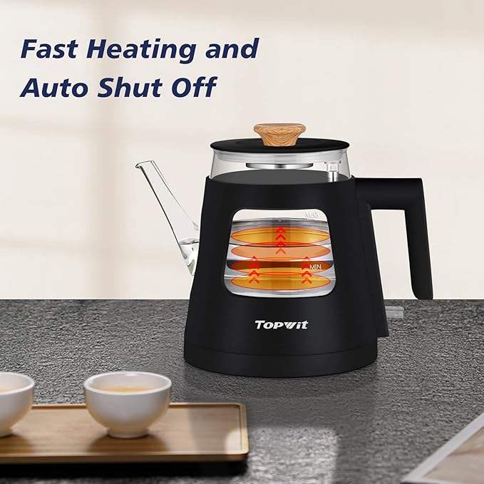 Topwit Electric Kettle, 1.0L Electric Tea Kettle with Removable Stainless Steel Infuser, BPA-Free Electric Glass Kettle with Window, Double Wall Water Warmer, Gooseneck, Auto-shut Off, Black