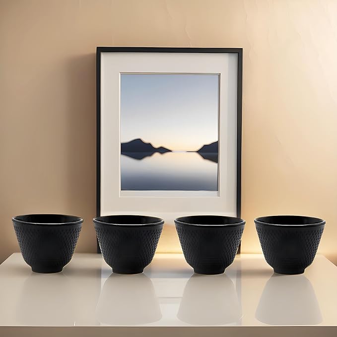 Japanese Cast Iron Tea Cups, Small and Heavy Teacups with no Handles, Japanese Style Cup for Adults, Asian Teacups, Coated with Enameled Interior, 4 Pcs/Box (Black, 2oz/60ml)