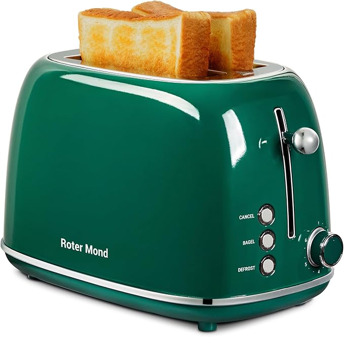 Roter Mond 2 Slice Toaster Retro Stainless Steel with Bagel, Cancel, and Defrost Functions, 6 Bread Shade Settings, Extra Wide Slots and Removable Crumb Tray, Green