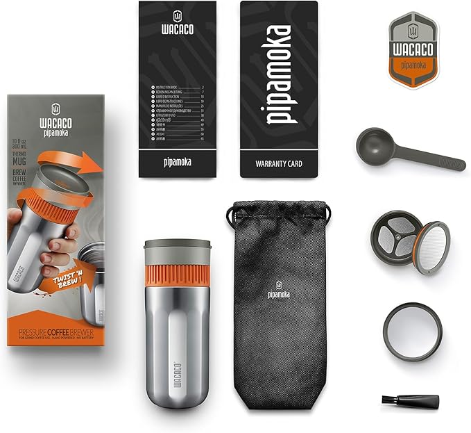 WACACO Pipamoka Portable Coffee Maker, Coffee brewer, All-in-one Vacuum Pressured,Insulated Travel Mug, Hand Powered and Filter Pressure Brewer, Stainless Steel Thermo Cup, 10 fl oz
