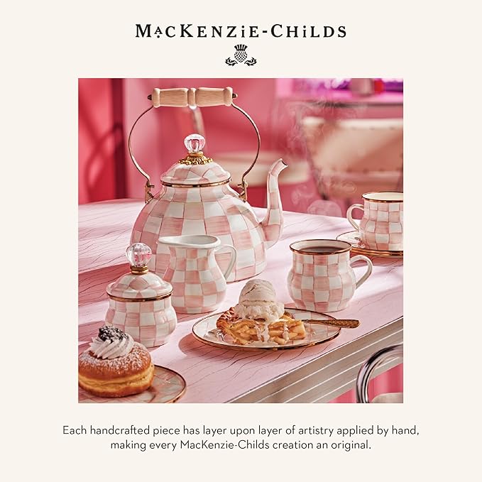 MACKENZIE-CHILDS Enamel Teapot, Cute Small Teapot with Lid, 4-Cup Capacity, Pink-and-White Rosy Check