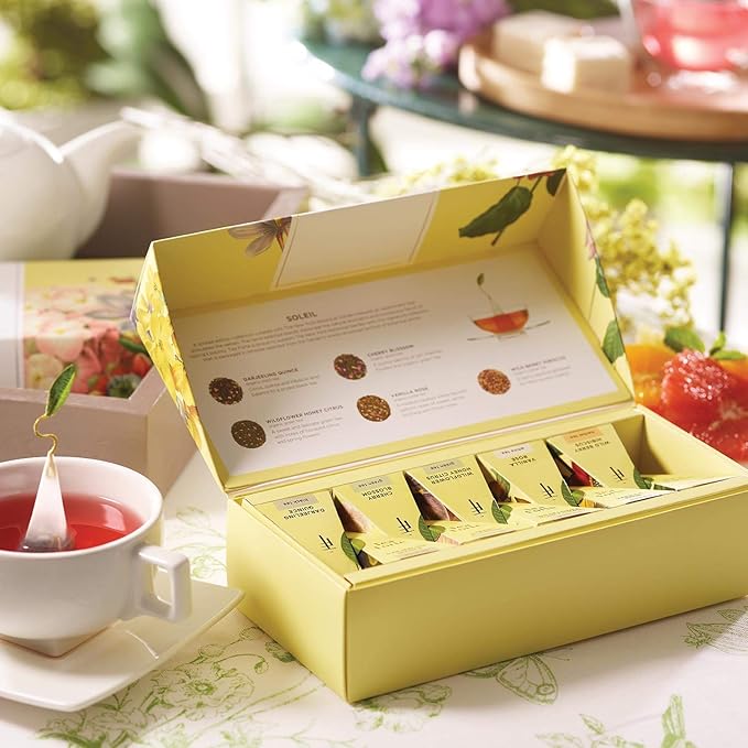 Tea Forte Soleil Petite Presentation Box Tea Gift Set Sampler, 10 Count, 2 of Each Variety Individually Wrapped Handcrafted Pyramid Infuser Bags