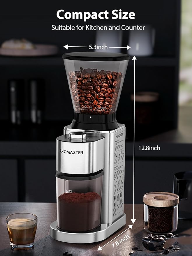 Aromaster Coffee Bean Grinder with 48 Gind Settings, Conical Burr Coffee Grinder for Home Use,Stainless Steel,40 Seconds Adjustable Timer,Anti-static,Easy to Clean with Brush