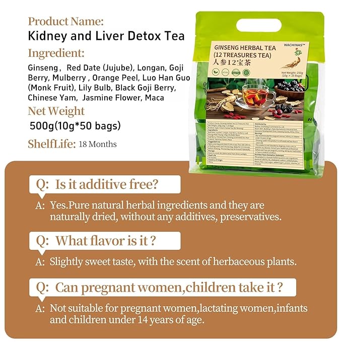 Premium Ginseng Tea - Natural Organic Kidney and Liver Detox Tea - 12 Herbal Blend with Goji Berry,Jujube, Longan, Mulberry & Maca - Caffeine & Sugar Free - 50 Individually Wrapped Pyramid Large Tea Bags (500g)