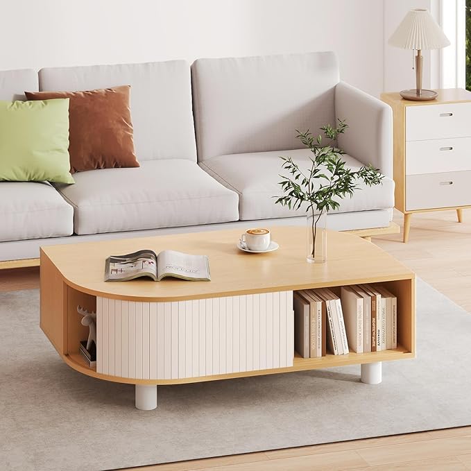 Boho 39.4" Coffee Table with Storage - Leaf-Shaped Wood Center Table, Retro Fluted Central Table with Sliding Door & Large Hidden Compartment, for Living Room Home Office, Oak