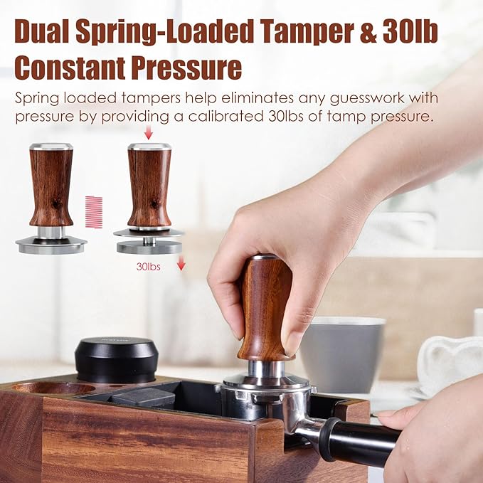 53.3mm Espresso Hand Tamper, MATOW Calibrated Spring Loaded Coffee Tamper with Stainless Steel Ripple Base, 30lbs Espresso Tamper with Red Rosewood Handle Compatible with Breville 54mm Portafilter
