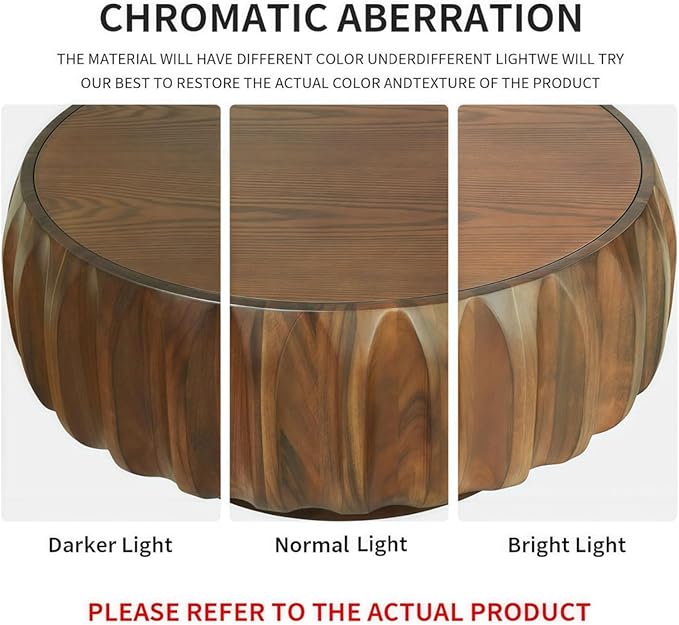 31.5" Round Coffee Table Drum Table Contemporary Wood Fluted Centry Table with Solid Wood Veneer for Living Room (Walnut)