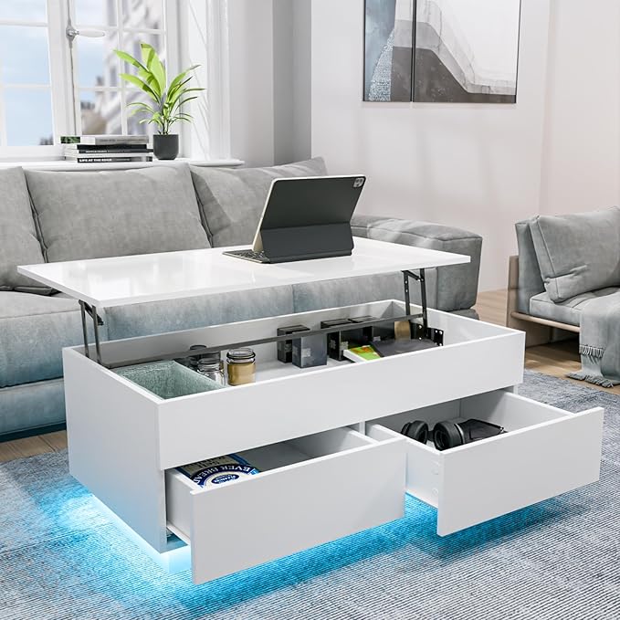 HOMMPA 40'' Lift Top Coffee Table, White With Storage for Living Room, LED Modern Design, 2 Drawers & Hidden Compartment