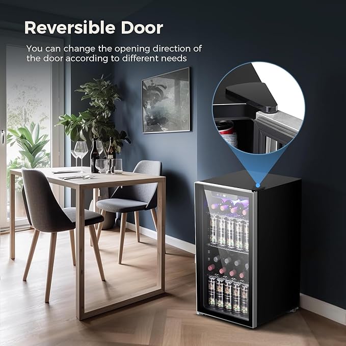 Kismile 3.2 Cu.ft Beverage Refrigerator and Cooler, 130 Can Mini Fridge Glass Door,Digital Temperature Display for Soda, Beer or Wine, Small Drink Dispenser Cooler for Home, Office or Bar(Black)