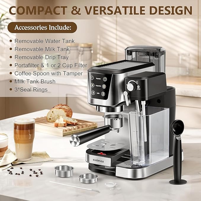 Espresso and Cappuccino Machine 20 Bar, Latte Machine with Automatic Milk Frother, Espresso Maker in Stainless Steel Design,1350W Coffee Maker with Touchscreen for Home (Silver)