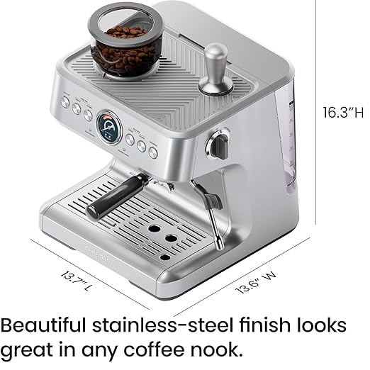 Chefman Crema Supreme 15 Bar Espresso Machine with Milk Frother, Barista Steam Wand, Professional Coffee Maker with Coffee Grinder, 30 Grind Settings, 3L Removable Water Tank - Stainless Steel