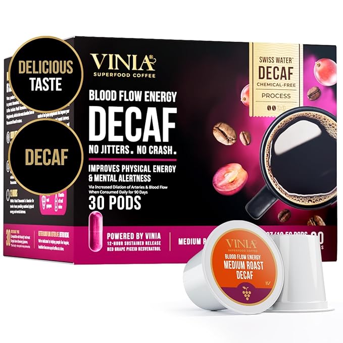 VINIA Blood Flow DECAF Coffee - Medium Roast Superfood Coffee Pods, Swiss Water Process Powered by Red Grape Piceid Resveratrol Boost Energy Compatible with K Cup Coffee Pods Machines, Caffeine Free, 30 Ct