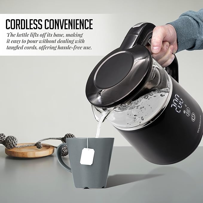 OVENTE Electric Kettle with 5 Temperature Control Presets, LED Digital Display, 5Hr Keep Warm Function, Auto Shut-Off and Boil Dry Protection, 1500W BPA Free Glass Water Heater and Boiler, Black KD95B