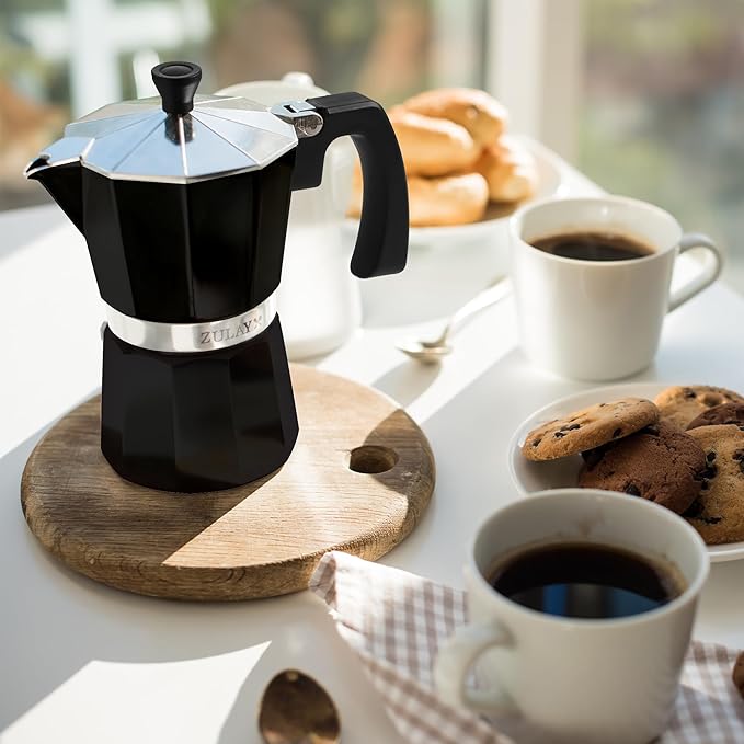 Zulay Moka Pot Espresso Stovetop Coffee Maker - Leak-Proof, Stainless Steel, Easy to Clean, Heat Resistant Handle & Knob - for Authentic Cuban & Italian Style Espresso - Makes 9 Espresso Cups - Black