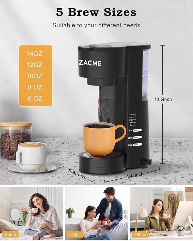 Single Serve Coffee Maker for K Cups&Ground Coffee with Milk Frother, 3 in 1 Small Single Cup Coffee Machine, 28oz Water Thank, 6 to 14 oz Brew Sizes