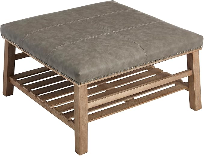 Kmax 32-Inch Grey Faux Leather Coffee Table Large Square Ottoman Foot Rest Stool Upholstered Coffee Table with Wooden Shelf Storage for Living Room Office