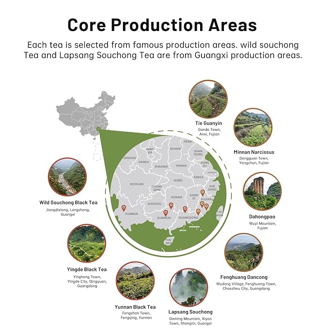 iTeaworld 8 Flavors Sampler Set, Up to 112 cups, High to Low Caffeine, Whole leaves, Loose Leaf Classic Chinese tea, Including Oolong and Black Teas, 16 Sample Bags with 20 Empty Tea Bag, 2.1OZ