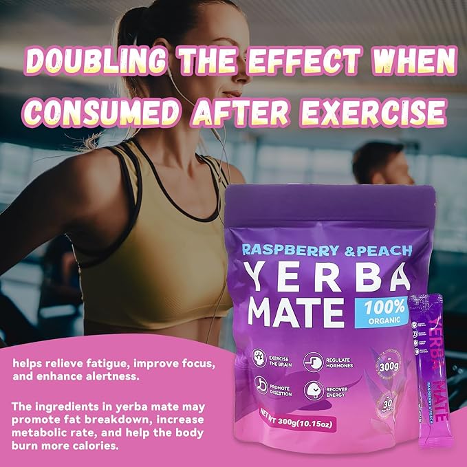 Yerba Mate Instant Tea Powder - Raspberry Peach Flavor - Gut Health & Clean Energy Super Drink with Nootropics, Prebiotics & Probiotics - Energy Boost & Focus - 30 Sticks (300g)