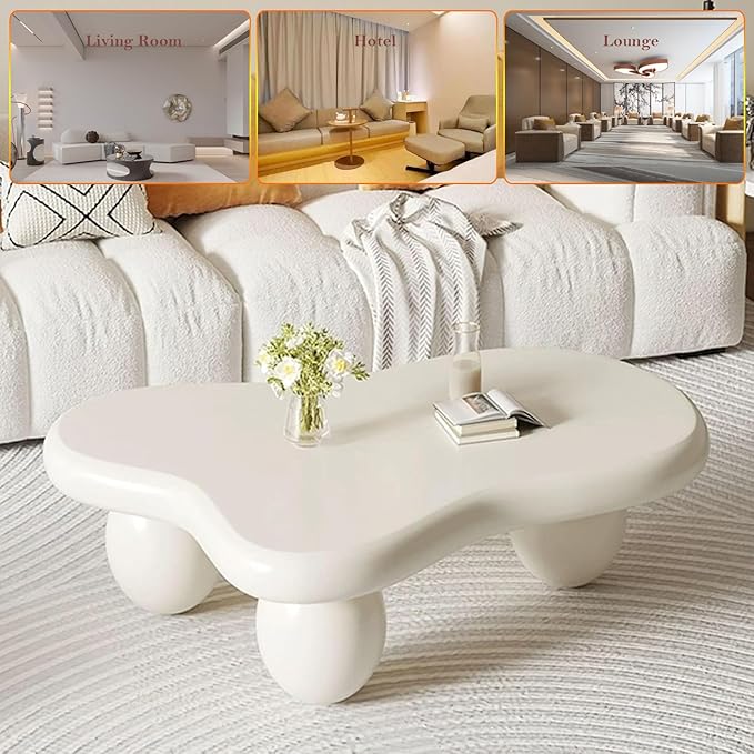 Stylish Irregular Cloud Coffee Table Mid-Century White Low Center Table - 3 Stable Ellipsoid Leg, for Living Room Bedroom Lounge (E-47.24in)