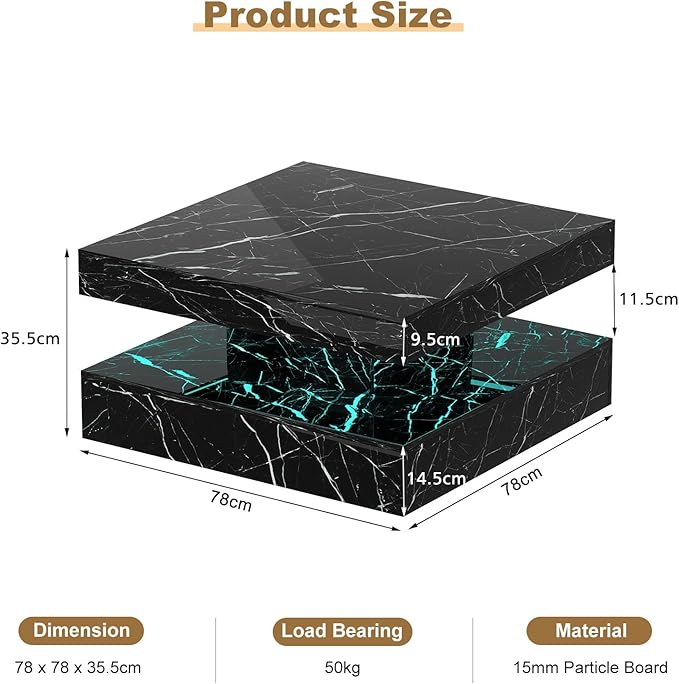 Black Marble LED Coffee Table for Living Room, Living Room Table 2-Tier Square Middle Center Table, Modern Coffee Tables with Storage, Contemporary Wood Tea Tables for Dining Reception