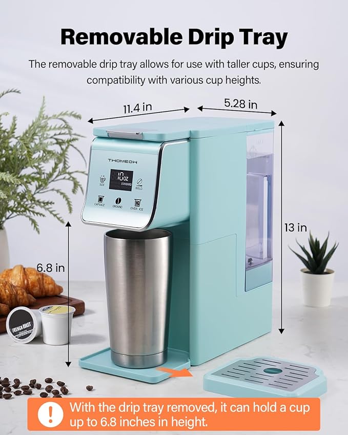 K Cup Coffee Maker With Bold Setting, Single Serve Hot & Iced Coffee Maker for K-Cup and Grounds, 52oz Removable Water Tank, 6 to14oz Brew Sizes, Pod Coffee Machine With Reusable Filter, Blue