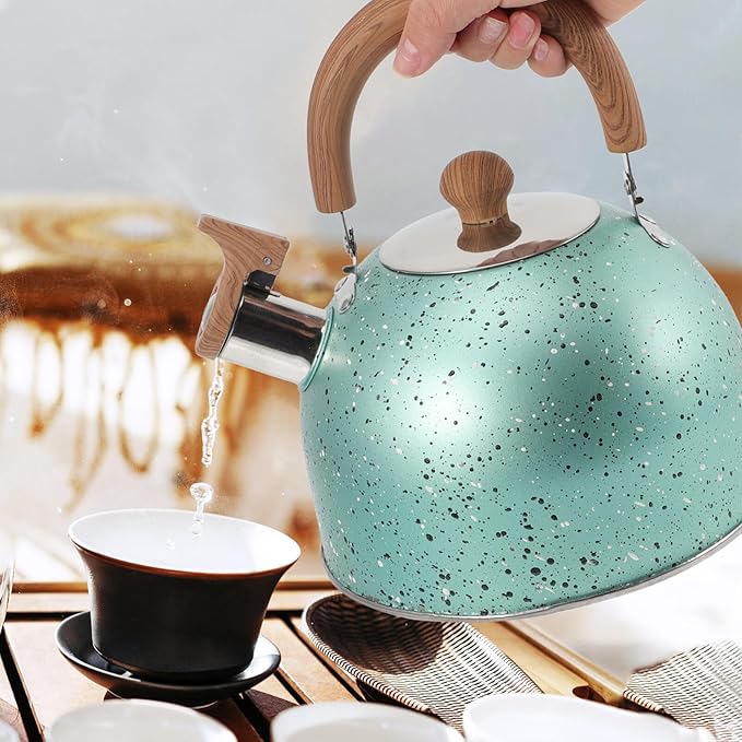 Hemoton Whistling Tea Kettle for Stovetop Stainless Steel Tea Pot Kettles Water Kettle Stove Coffee Kettle with Cool Grip Ergonomic Handle for Boiling Water 2L Green