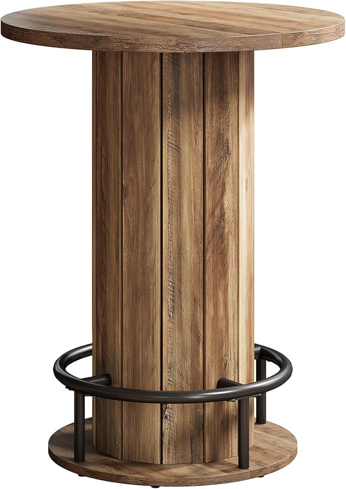Tribesigns Round Bar Table, 39.4" H Wood Bistro Pub Table with Metal Ring Footrest for Dining Coffee Cocktail Living Room, Small Space, Brown(Only Table)