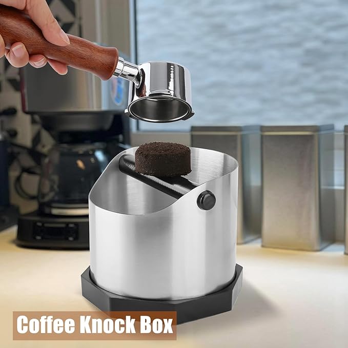 Coffee Knock Box, Large Capacity Espresso Knock Box with Non-Slip Base, Coffee Measuring Cup,Coffee Puck Knock Box Stainless Steel for Espresso Machine Coffee Grounds (Silver)