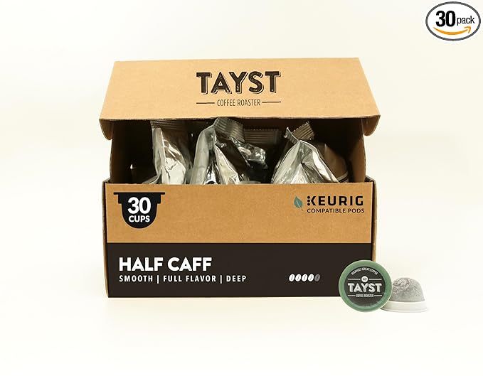 Tayst Coffee Pods, Half Caff Dark Roast, K Cups Compatible with Keurig Coffee Maker, Reduced Caffeine, Sustainable Single Serve, Pack of 30
