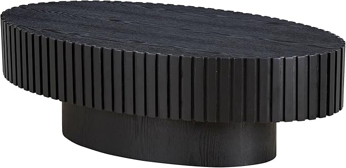 43.7 Inch Oval Drum Coffee Table, Modern Handcraft Fluted Drum Coffee Table, Wooden Round Coffee Table Center Table with Sturdy Pedestal for Living Room Apartment (Black)