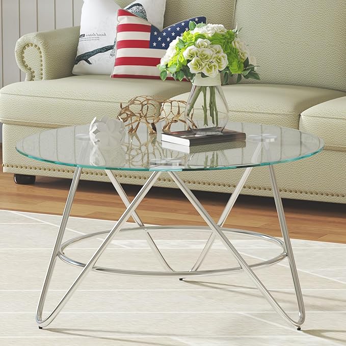 OIOG Glass Coffee Table, Round Coffee Table Living Room, Modern Coffee Table with Tempered Glass Tabletop and Chrome Frame, Silver