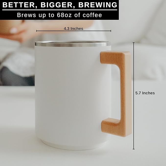 HASTINGS Pour Over Coffee Dripper - Stainless Steel Pour Over Coffee Filter, Metal Paperless Reusable Double Mesh Cone Filter with Wood Handle - Coffee Maker for Single Cup Brew up to 68 OZ (White)