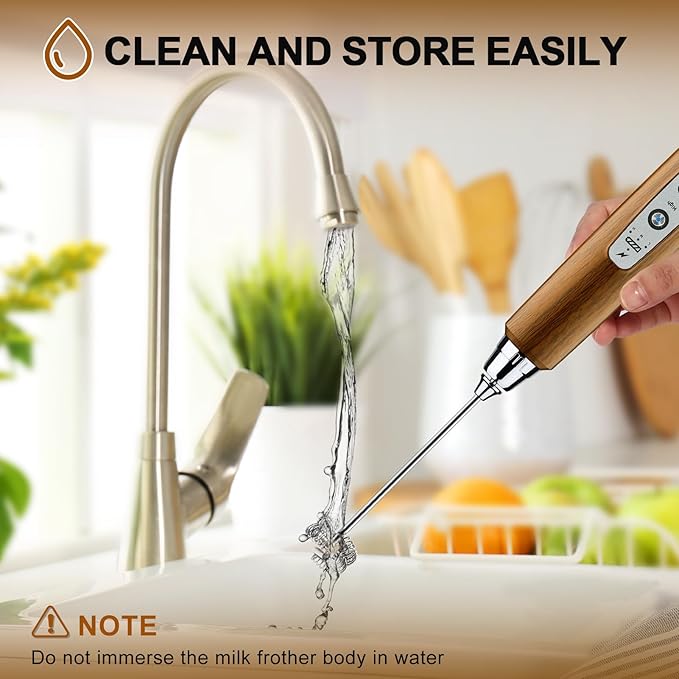 YUSWKO Wood Grain Handheld Milk Frother Wand for Coffee, Rechargeable Electric Whisk with 3 Heads 3 Speeds Drink Mixer Coffee Frother For Latte, Cappuccino, Hot Chocolate, Egg