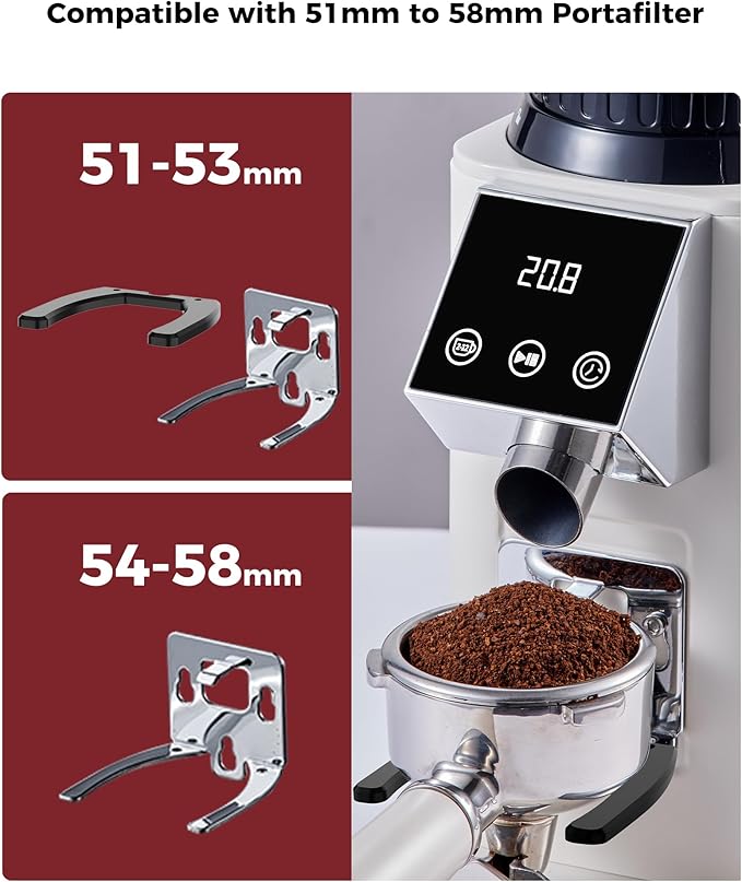 Tuni G1 Conical Burr Coffee Grinder, 48 Grind Settings Anti-static Burr Mill, Precision Electronic Timer and LED Touchscreen for Espresso/Drip/Cold Brew/French Press, Stainless Steel, Ivory