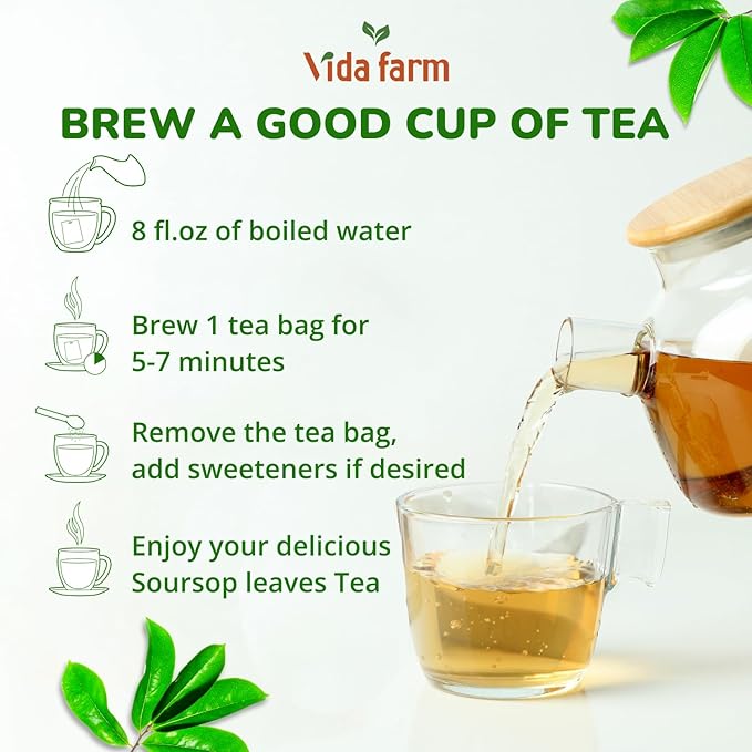 VIDA FARM 50 Premium Soursop Tea Bags, 100% Natural Pure Soursop Leaves: Pleasant Taste, Natural Flavor, Caffeine Free, Hojas de Guanabana Para te, Dried Graviola Leaves Guyabano Tea