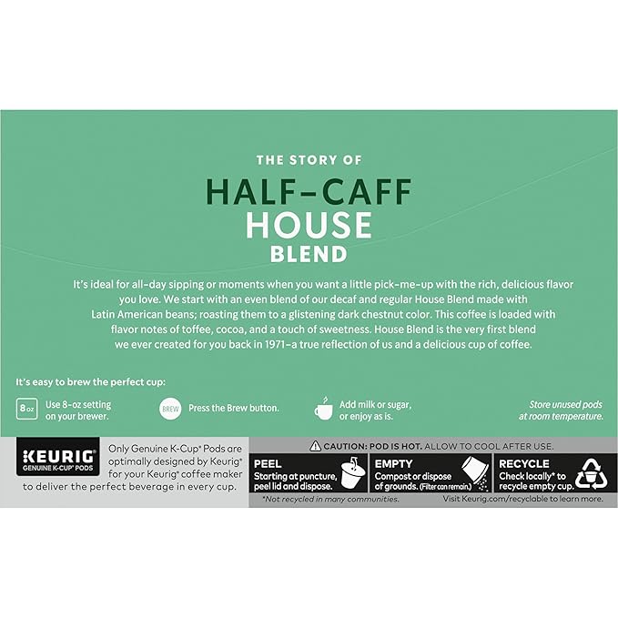 Starbucks K-Cup Coffee Pods, Medium Roast Coffee, Half-Caff House Blend For Keurig Brewers, 100% Arabica, 6 Boxes (60 Pods Total)