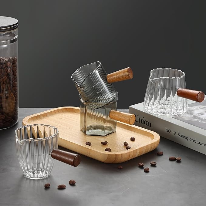 Espresso Cups 6 OZ, V-Shaped Spouts Cups, Espresso Shot Glasses with Wood Handle, Ribbed Milk Measuring Cup
