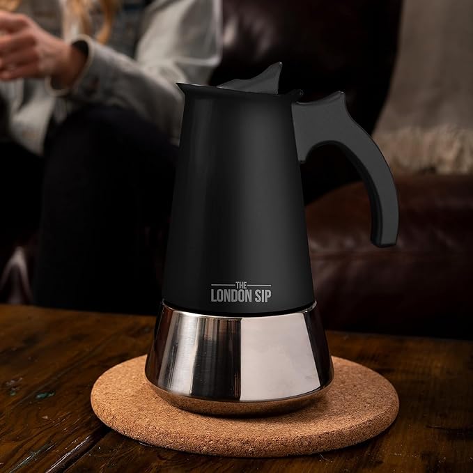 London Sip Stainless Steel Stovetop Espresso Maker Moka Pot Italian Coffee Percolator, Matte Black, Medium (10.14 oz)
