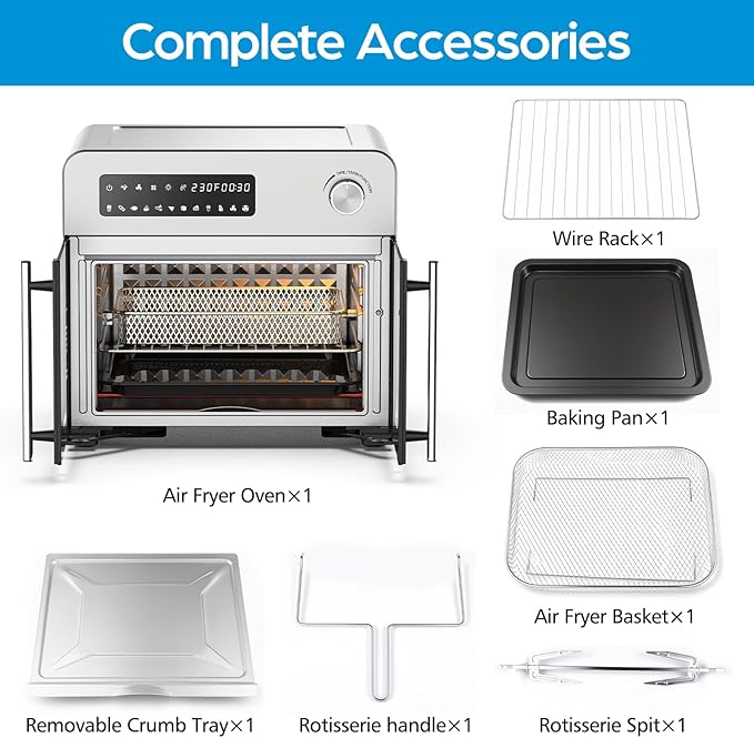 OSTBA French Door Air Fryer Toaster Oven Combo, Airfryer Convection Oven Countertop 10-in-1 Combo, 30% Faster 90% Less Oil, 102 Recipes & 7 Accessories Included 24 QT Stainless Steel