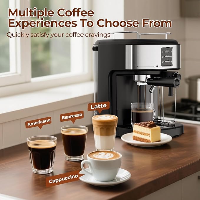 20 Bar Compact Espresso Machine with Milk Frother, 3-in-1 Stainless Steel Coffee Machine with 57oz Removable Water Tank for Home, Office