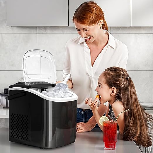 Countertop Ice Maker Machine with Handle, Portable Maker, 27lbs/24Hrs, 7Mins/9 Pcs ice Cubes, Self-Cleaning Table Top Maker with Ice Basket/Scoop, for Home/Kitchen/Office(Stainless Steel Black)