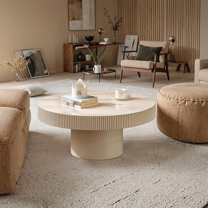 Handmade Wooden Drum Coffee Table、Elegant Round Fluted Wood Coffee Tables、Rustic Modern Circular Centerpiece for Living Room & Farmhouse Decor (A White 30.7in)