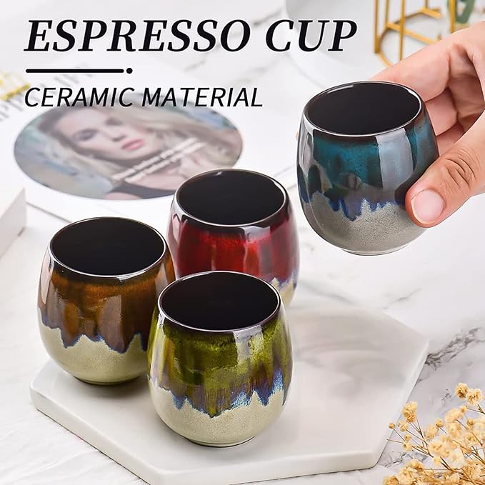 Ceramic Espresso Cups Set of 2 Expresso shots cup Kiln-Change Espresso Cups 3Oz Mini Espresso Mugs Demitasse Cups (Blue)