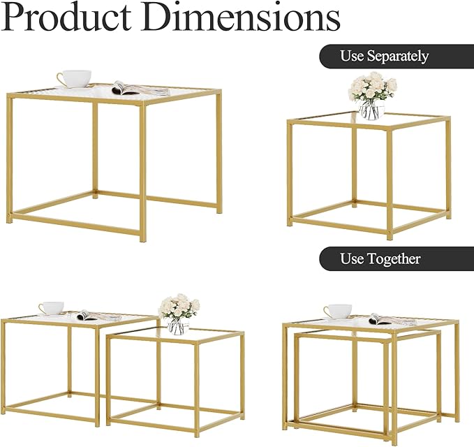 VILAWLENCE Coffee Table Set of 2, Modern Gold Glass Side Table, Metal Frame Square End Table, Center Tables, Nesting Coffee Table for Living Room, Bedroom and Small Spaces, 23.6in