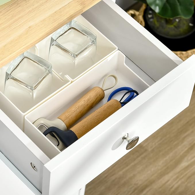 HOMCOM Sideboard with Solid Wood Countertop, Modern Kitchen Storage Cabinet, Coffee Bar Cabinet with 3 Drawers, Doors and Adjustable Shelf, White