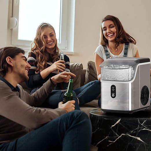 Nugget Countertop Ice Maker with Soft Chewable Pellet Ice, Automatic Cleaning, 34Lbs/24H, Pebble Ice Machine with Ice Scoop, Sonice Ice, One Click Operation for Office/Home/Bar(Stainless Steel Silver)
